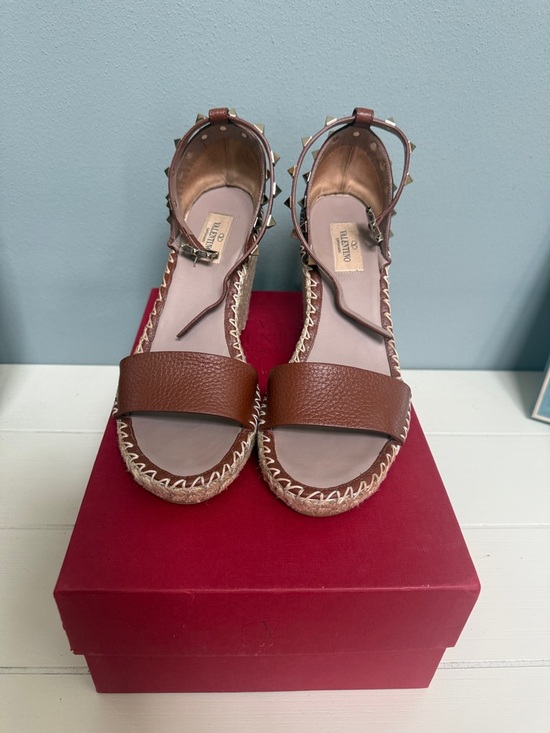 Valentino Shoes - Valentino Brown Leather Studded Ankle-Strap Espadrille Sandals